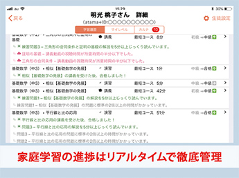 家庭学習の進捗はリアルタイムで徹底管理